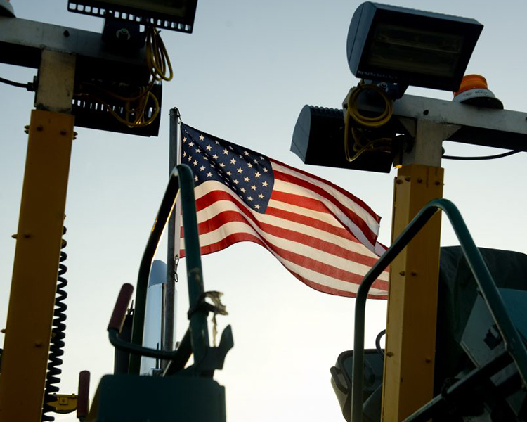 American flag on Earle construction equipment, New Jersey
